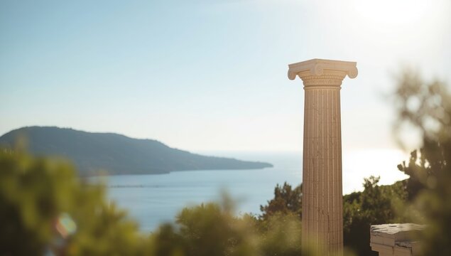 Ancient Doric column from the Temple of Aphaia, a historic Archaic sanctuary and prehistoric religious site on Aegina island, Greece, archaeological significance
