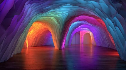 Colorful wave tunnels shaped by light and water reflections in a futuristic abstract environment with rainbow hues and smooth surfaces
