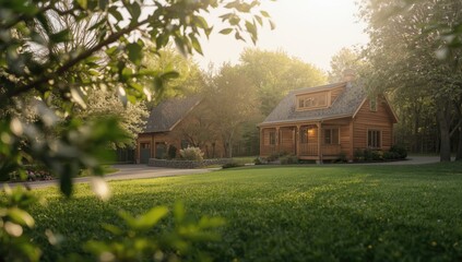 Obraz premium Wooden house in a suburban setting, residential building emphasizing timber construction for durability