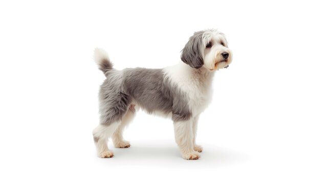 Side view of a young adult Old English sheep dog standing on a plain white background, highlighting breed characteristics