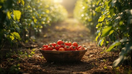 A cluster of ripe organic tomatoes displayed on a rustic surface highlighting fresh ingredients, Food & Drink, World Food Day