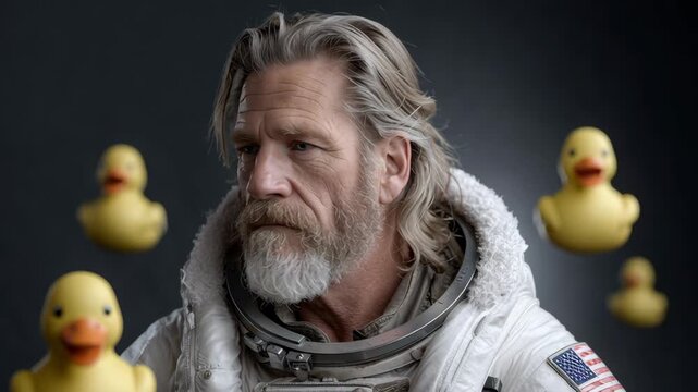 A man in a space suit is surrounded by rubber ducks. The ducks are floating in the air and the man is looking at them. The image has a whimsical and playful mood, as the man is in a space suit