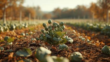 Brussel sprout plant during fall, illustrating seasonal vegetable development