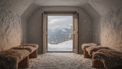 Snow-lined interior of a mountain lodge with open wooden door revealing snow scenery, cozy rustic decor, winter holiday