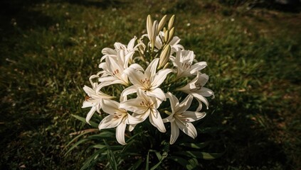 Obraz premium White Lilium candidum blossoms in a sunlit garden, highlighting floral freshness and garden maintenance, World Flower Day