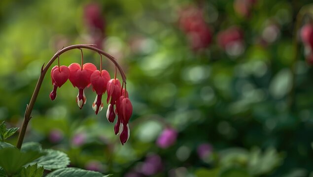 Springtime perennial garden with vibrant bleeding heart flowers, seasonal flowering patterns