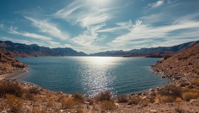 Lake Mohave scene featuring tranquil water and rugged banks, ideal for outdoor recreation and ecological awareness, Earth Day