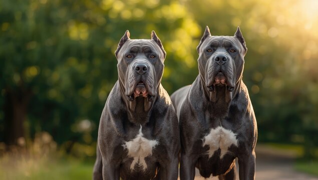 Two Cadebo Molossians standing outdoors, their protective posture and muscular physique for breed recognition