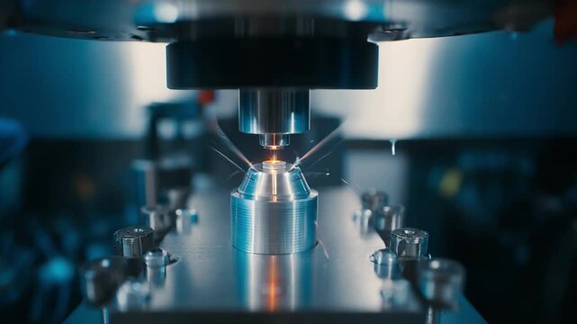 Close medium shot capturing the precise alignment of an Xray diffraction machine analyzing grain orientation and defects in a processed alloy sample.