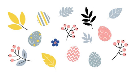 A collection of whimsical Easter eggs, stylized leaves, and berry branches on a white background. © nabila