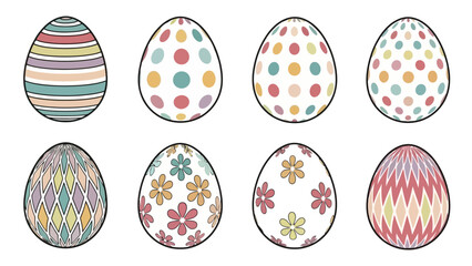 A collection of eight vibrantly decorated Easter eggs, each featuring unique patterns and colors, presented on a white background.