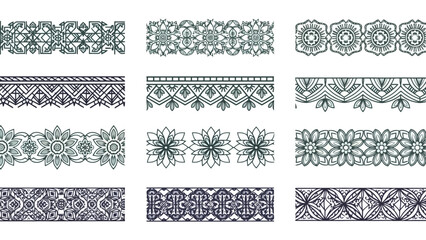 Collection of intricate decorative borders and ornamental patterns in various styles, suitable for design elements.