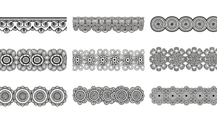 Fototapeta premium Collection of intricate ornamental borders and decorative patterns, featuring repeating circular motifs and floral elements.