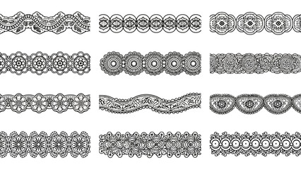 Fototapeta premium Collection of intricate black and white ornamental borders and decorative elements in a repeating pattern.