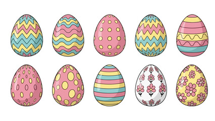 A collection of ten vibrantly decorated Easter eggs, each featuring unique patterns and colors, arranged in two rows against a white background.
