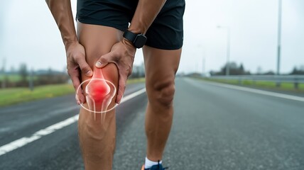 A close-up photograph of a runner's knee injury on a road