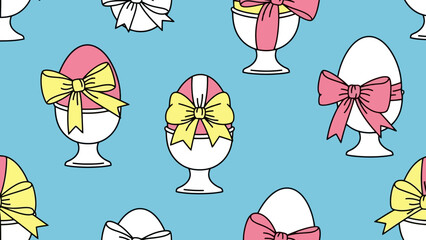 A seamless pattern of stylized Easter eggs decorated with colorful bows, presented in egg cups on a bright blue background.