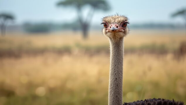 Close-up of an ostrich's head and upper body emphasizing feather patterns and beak details, ideal for educational backgrounds - Powered by Adobe