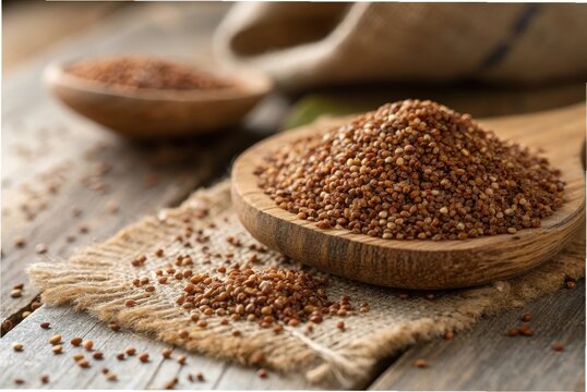 Macro photography of raw teff grains piled on a rustic wooden surface, showing their tiny size and varied brown tones, soft natural lighting,