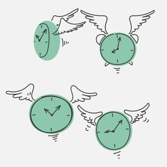 hand drawn doodle clock with wings flying collection