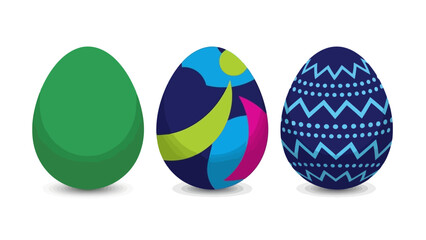 Three vibrantly decorated Easter eggs, one solid green and two with intricate patterns, displayed on a white background.