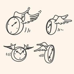 hand drawn doodle clock with wings flying collection