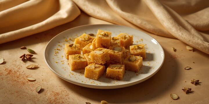 Traditional khoya-based milk fudge with almonds and pistachios, served during Indian festivals like Deepawali and Navaratri