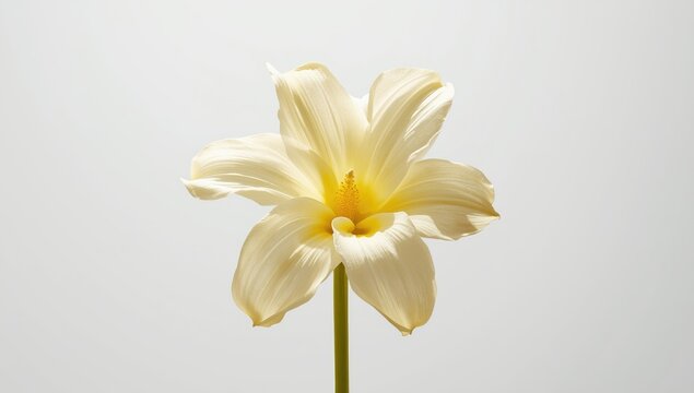 Single vanilla flower on plain white backdrop, suitable as a UI or editorial header background