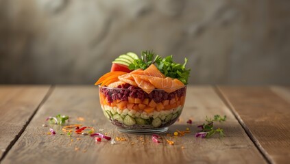 Salmon, vegetables, and fruits in a poke bowl, highlighting nutritious meal choices for World Nutrition Day