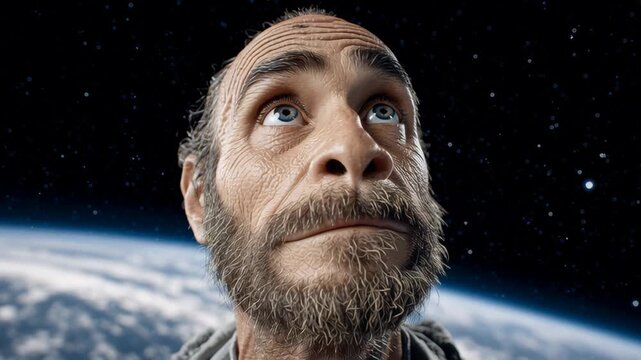A man with a beard and a surprised expression is looking at the camera. The image has a space theme and the man is looking at the camera as if he is looking at something in space
