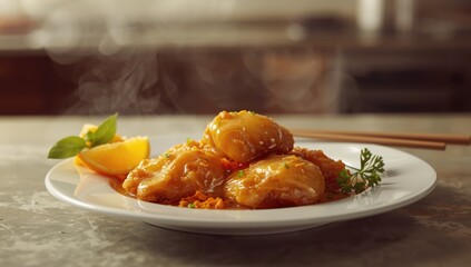 Orange chicken, breaded and fried chicken topped with tangy orange sauce, suitable for flavorful meals