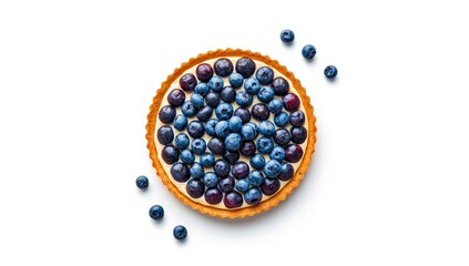Blueberry tart and blueberry pattern displayed on a white surface, food display or editorial use