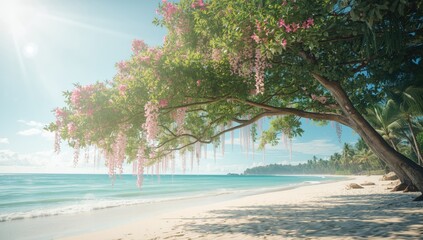 Tropical beach scene with Barringtonia asiatica tree, highlighting shoreline preservation in the Malesian area