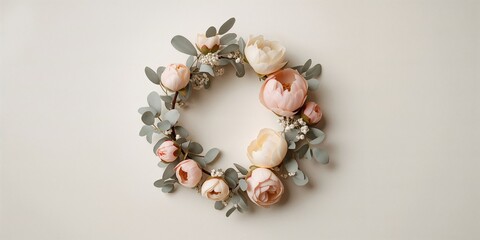 Peony flower buds and eucalyptus foliage forming a floral wreath, suitable for background or layout, World Environment Day