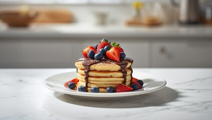 Stacked pancakes with chocolate and berries on a breakfast setting, highlighting fruit and dessert textures