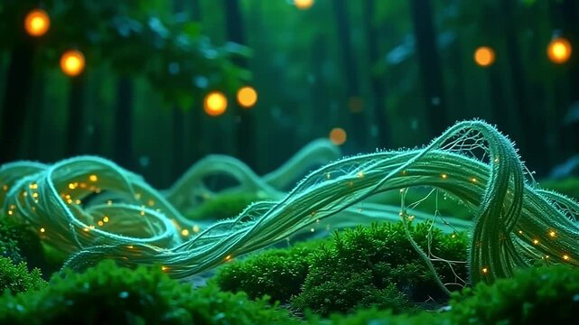 Delicate strands explode fiber thread mesh, weaving vibrant patterns against a green background, with glowing orbs floating in a surreal, dreamy scene under soft twilight glow.