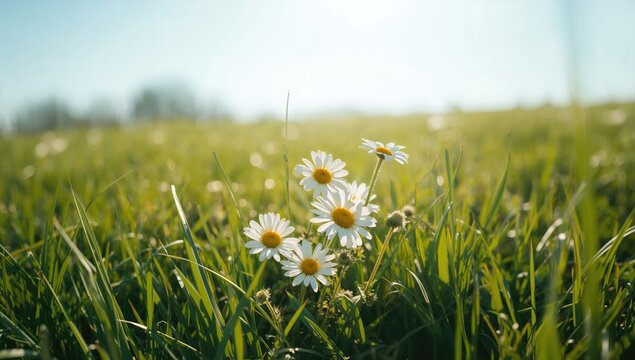 Real daisies blooming in a lush meadow under bright spring sunlight, highlighting seasonal renewal - Powered by Adobe