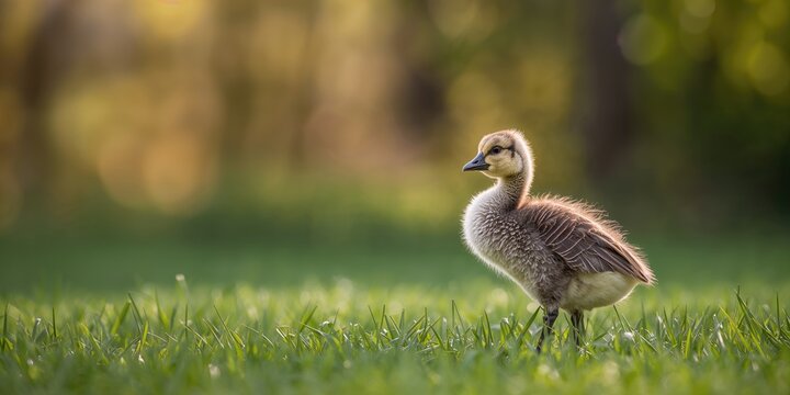 Young Canada goose chick resting on the grass, natural habitat for wildlife conservation awareness