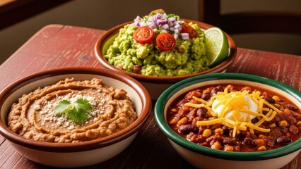 Three bowls with Mexican sides beans, guacamole, and chili on a wooden table
