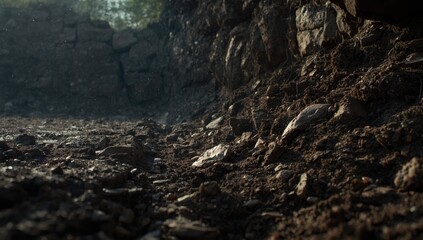 Rock stone soil land with rugged trench walls, suitable for excavation site layout, Earth Day