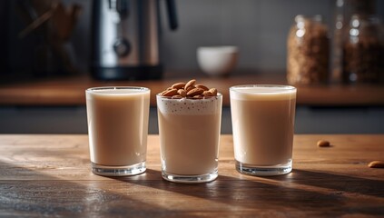 Three glasses containing dry soaked almonds and milk, illustrating ingredient setup for almond milk, World Food Day