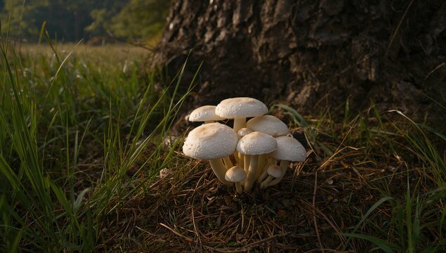 Wild forest fungi, including Egghead Mottlegill mushrooms with white caps, thriving among trees, emphasizing biodiversity