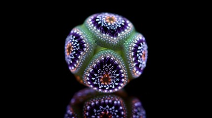Glowing purple and green bead expanding with sparkling details on dark background