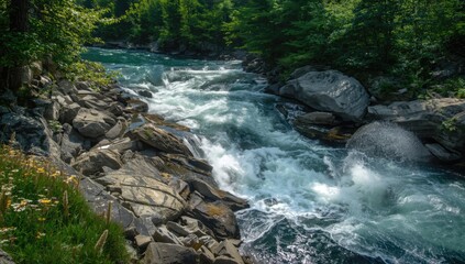 Obraz premium Mountain river with a forceful flow hitting rocks on a rugged shoreline, illustrating natural erosion, Earth Day