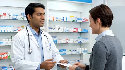 Pharmacist Discussing Medication With Customer At Pharmacy Counter