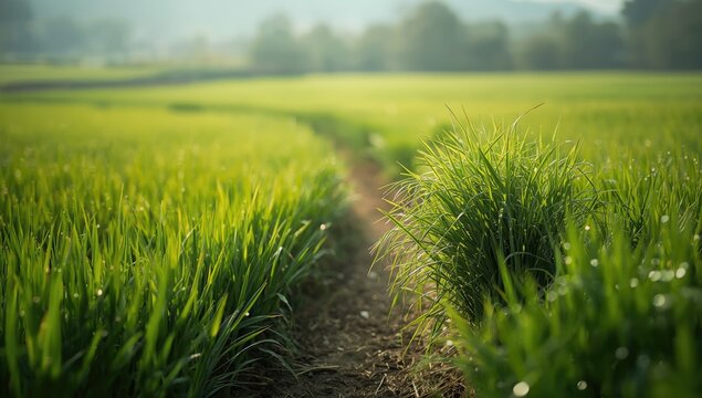 Morning light illuminates Setaria viridis along a rural farm trail, highlighting crop diversity, summer, nature, grass, landscape, green, farmland setting, agriculture, plant