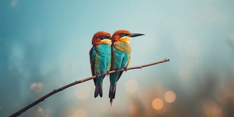 A pair of bee-eaters perched together, teamwork in bird species