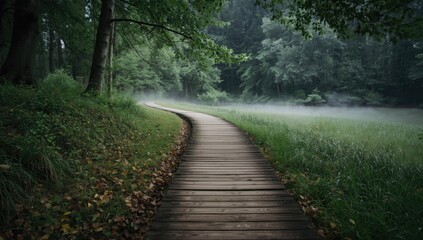 Fototapeta premium Tree-lined rustic trail with wooden planks amidst grass and foliage, emphasizing outdoor accessibility