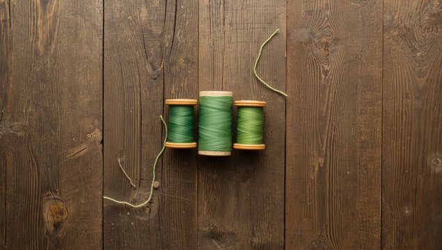 Green thread spools arranged on aged wood surface, highlighting sewing supplies for fabric mending - Powered by Adobe