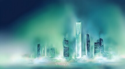 Futuristic Saudi Cityscape Watercolor Art Illustrates Modern Innovation and National Day Serenity
